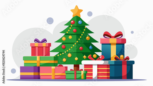 Festive christmas tree surrounded by colorful wrapped gifts