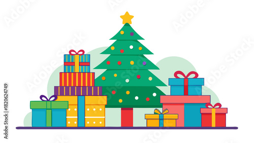 Festive christmas tree surrounded by colorful gift boxes