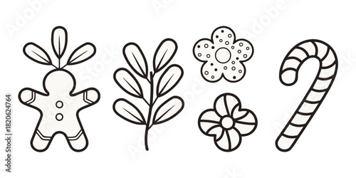 A set of festive holiday cookies and candy includes a gingerbread man, sprigs, and candy cane.