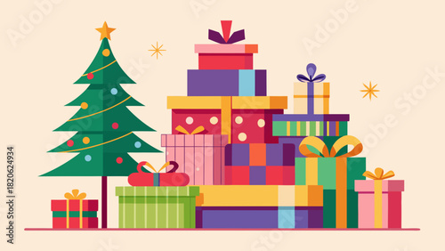Festive christmas tree and stack of colorful presents