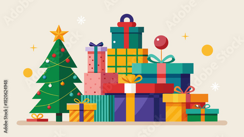 Festive christmas tree surrounded by colorful gift boxes