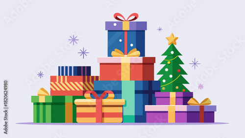 A stack of colorful christmas presents and a decorated tree
