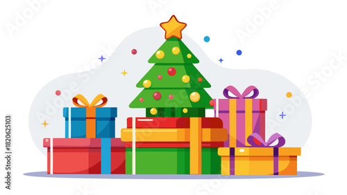 Festive christmas tree surrounded by colorful gift boxes