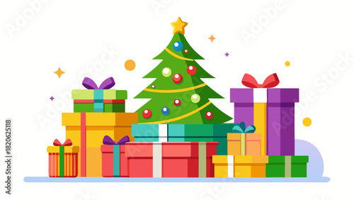 Festive christmas tree surrounded by colorful gift boxes and decorations