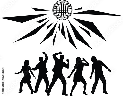 Silhouettes of five people dancing under a disco ball with light rays, representing a lively party, celebration, or club event, isolated on white background