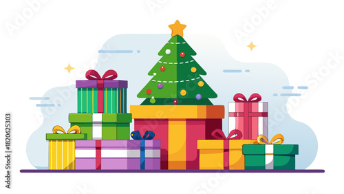 Festive christmas tree surrounded by colorful gift boxes