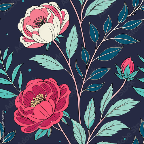 seamless floral pattern featuring hyper-realistic peonies and English roses with deeply saturated colors, intricate petal folds, glossy dew highlights, and soft volumetric shadows