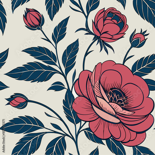 seamless floral pattern featuring hyper-realistic peonies and English roses with deeply saturated colors, intricate petal folds, glossy dew highlights, and soft volumetric shadows