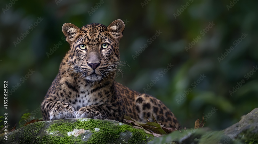Obraz premium Majestic Asian Leopard Portrait Serene Wildlife Amidst Lush Green Jungle Habitat Tranquility Captured