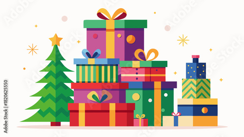 Festive christmas tree surrounded by colorful gift boxes