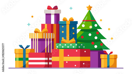 Pile of colorful christmas gifts next to a decorated tree