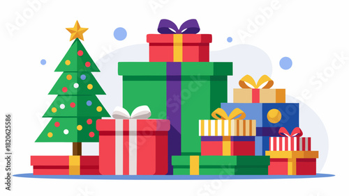 Festive christmas tree surrounded by colorful gift boxes