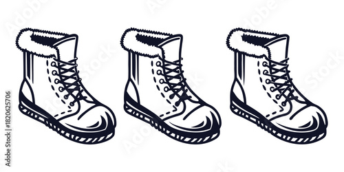 Three lined drawings of winter boots are shown in a row.