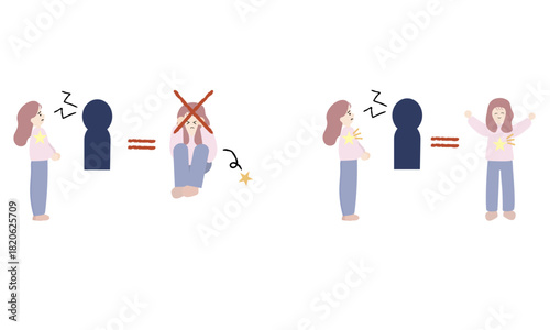 叱られて自己否定する女性と自分の伸びしろに期待する女性の比較イラスト