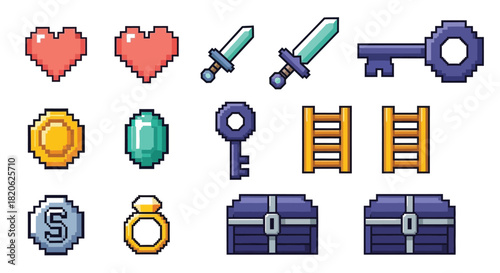 Pixel art game icons including hearts, swords, keys, coins, and chests.