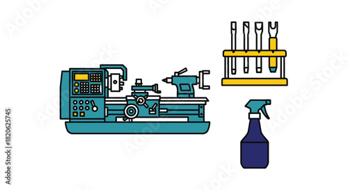 A metal lathe with tools and a spray bottle are depicted.