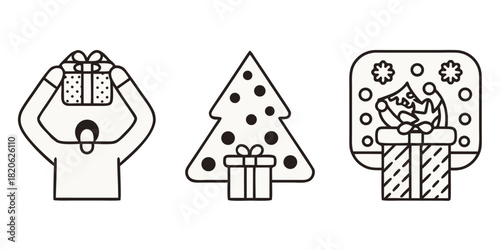Three festive icons depict Christmas gifts, a decorated tree, and a present with an elf hat.