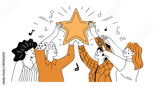 A diverse team of professionals collaborates to lift a glowing star shaped speaker symbolizing innovation success and the power of shared music and ideas