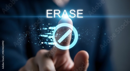 Digital erase concept finger touching virtual erase icon with futuristic visual effects