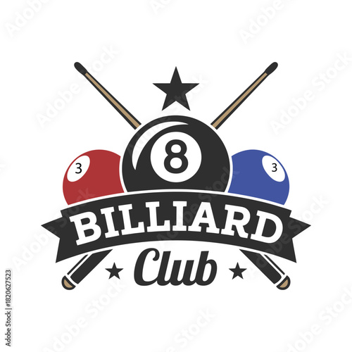billiard club logo icon design, sports badge template, vector illustration featuring crossed billiard cues with three balls and a star, isolated on white for sports branding and team graphics.