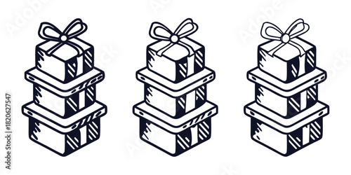 Three stacks of stacked gift boxes with bows on top are arranged in a row.