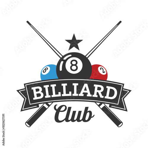 billiard club emblem vector illustration, crossed cues with three balls and star, ideal for sports badges, pool club logos, tournament branding, and recreational game design projects.