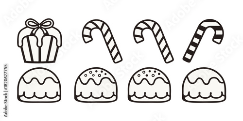 A collection of simple line art drawings of festive sweets including a cupcake and candy canes.