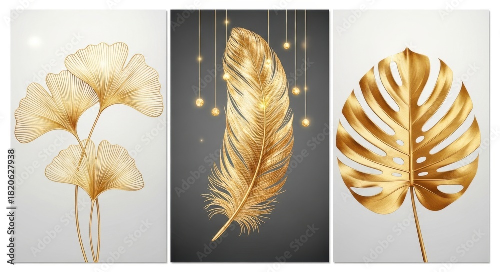 Fototapeta premium Elegant triptych artwork featuring golden ginkgo leaves feather and monstera leaf