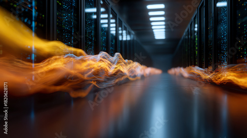 A futuristic data center corridor with glowing orange energy waves flowing between server racks, symbolizing fast digital data transfer and high-tech network connectivity