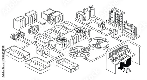 Complex industrial system diagram with machinery, pipes, and control room