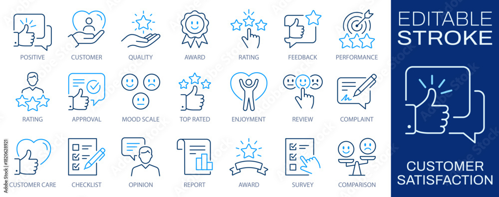 Naklejka premium Customer satisfaction line icons set, feedback concept. Rating, approval, performance, enjoyment, and opinion symbols. Editable stroke.