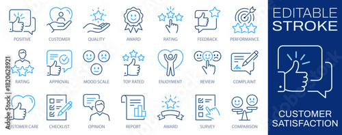 Customer satisfaction line icons set, feedback concept. Rating, approval, performance, enjoyment, and opinion symbols. Editable stroke.