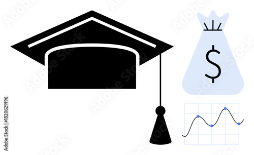 Graduation cap with tassel, money bag symbolizing financial aid or scholarships, and graph analyzing expenses and investments in education. Ideal for financial literacy, higher education, budgeting