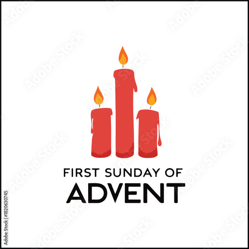 Three red candles with flames and FIRST SUNDAY OF ADVENT text in minimalist Christmas illustration