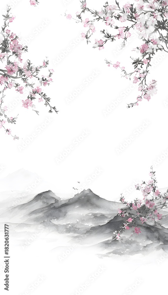 Naklejka premium Serene sakura blossoms frame distant mountains in elegant ink wash art evoking timeless beauty