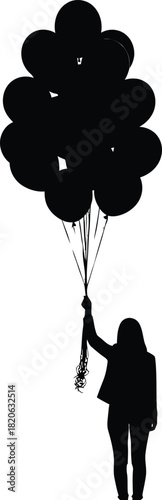 Silhouette of a person holding a large bunch of balloons, symbolizing celebration, freedom, or dreams, isolated on white background