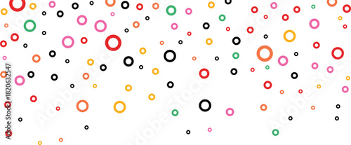 Colorful confetti circle rings background. Round doodle shapes scattered in playful pattern. Festive celebration decoration for party, birthday and modern graphic design. Vector illustration.