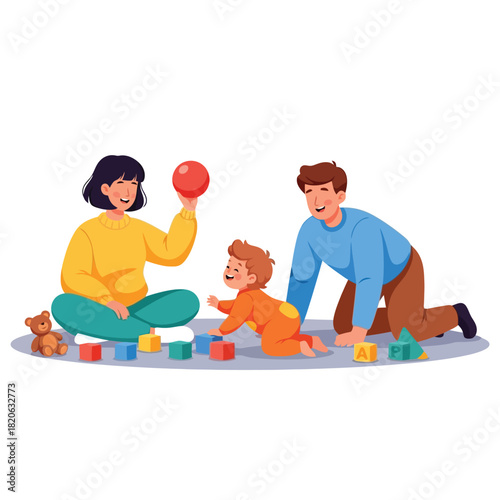 Happy family playing together with colorful blocks and ball at home