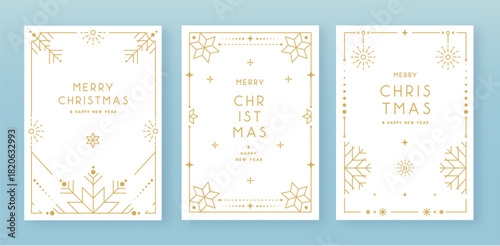 Set of modern Christmas frames or holiday greeting cards on white background. Line art vector illustration