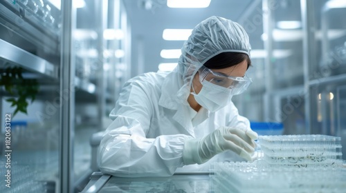 Interior of Modern Industrial Insect Farming Facility showing Mealworm Trays for Alternative Protein Production with Technician in Background