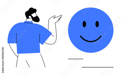 Positivity concept. A person interacting with a blue happy face positivity, communication, and connection. Positivity drives innovation, workplace culture, and personal growth. Great for mental