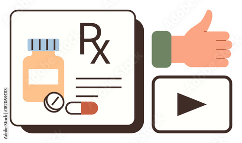 Prescription bottle, pills, and Rx symbol paired with thumbs-up icon and video play button. Ideal for healthcare, guidance, online support, tutorials, pharmacy, education simple flat metaphor