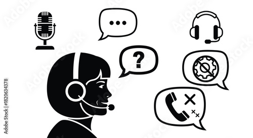 Customer service representative with headset surrounded by communication icons and speech bubbles