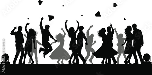 Silhouettes of diverse people dancing and celebrating at a lively party or music event with falling confetti and spotlights, isolated on white background