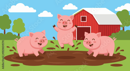 Piglets Playing in a Mud Puddle
Flat vector piglets splashing joyfully in a mud puddle, barn in the background
