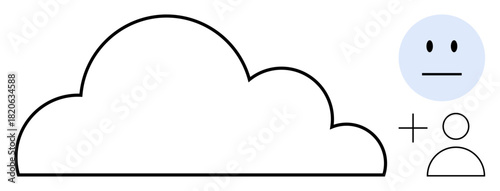 Cloud shape with a neutral face emotion and user icon connected by a plus sign. Ideal for data storage, technology, user interaction, feedback, networking, digital services, simple flat metaphor