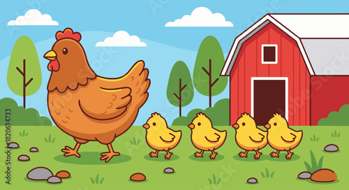 Chicken Family Crossing the Yard
Flat vector chicken with her chicks walking across the farmyard,
