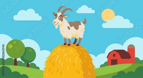 Goat Standing on Top of a Hay Bale
Flat vector goat balancing proudly on a large hay bale, simple barn background
