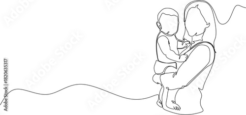 Continuous line drawing. Mother holding baby. Vector illustration.