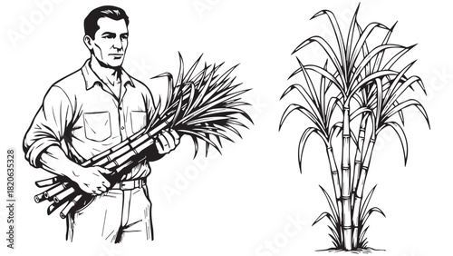 A black and white line drawing of a farmer holding a bundle of harvested sugarcane stalks next to a full sugarcane plant.